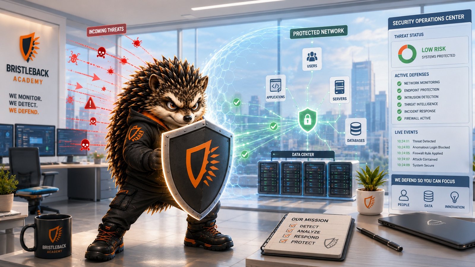 Bristleback SOC analyst mascot investigating a security case